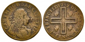 Carlo Emanuele III Secondo Periodo, Monetazione per la Sardegna 1755-1773 
3 Cagliaresi, I tipo, Torino, 1732, Cu 5.92 g.
Ref : MIR 966 (R), Biaggi 83...