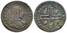 Carlo Emanuele III Secondo Periodo, Monetazione per la Sardegna 1755-1773 
3 Cagliaresi, I tipo, Torino, 1732, Cu 6.76 g.
Ref : MIR 966 (R), Biaggi 83...