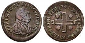 Carlo Emanuele III Secondo Periodo, Monetazione per la Sardegna 1755-1773 
3 Cagliaresi, II tipo, Torino, 1741, Cu 6.49 g.
Ref : MIR 967 (R), Sim. 54,...