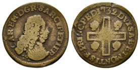 Carlo Emanuele III Secondo Periodo, Monetazione per la Sardegna 1755-1773 
Cagliarese Vecchio, I tipo, Torino, 1732, Cu 1.94 g.
Ref : MIR 968 (R), Sim...