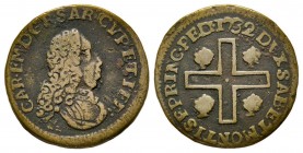Carlo Emanuele III Secondo Periodo, Monetazione per la Sardegna 1755-1773 
Cagliarese Vecchio, I tipo, Torino, 1732, Cu 2.57 g.
Ref : MIR 968 (R), Sim...