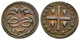 Carlo Emanuele III Secondo Periodo, Monetazione per la Sardegna 1755-1773 
Cagliarese Nuovo, Torino, 1764, Cu 2.06 g.
Ref : MIR 970b, Biaggi 834a
Cons...