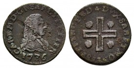 Carlo Emanuele III Secondo Periodo, Monetazione per la Sardegna 1755-1773 
 Mezzo Cagliarese Vecchio, I tipo, Torino, 1736, Cu 1 g.
Ref : MIR 971 (R),...