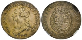 Vittorio Amedeo III 1773-1796 
Mezzo Scudo da 3 Lire, Torino, 1779, AG 17.48 g.
Ref : MIR 988g (R2), Sim. 10/7, Biaggi 849g
Conservation : NGC AU53. R...