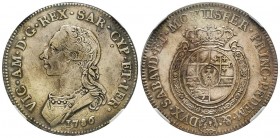 Vittorio Amedeo III 1773-1796 
Mezzo Scudo da 3 Lire, Torino, 1786, AG 17.57 g.
Ref : MIR 988m (R2), Sim. 10/13, Biaggi 849n
Conservation : NGC AU det...
