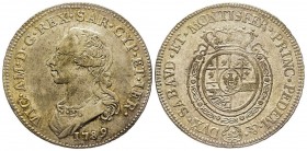Vittorio Amedeo III 1773-1796 
Mezzo Scudo da 3 Lire, Torino, 1789, AG 17.5 g. 
Ref : MIR 988p (R6), Biaggi 849q
Conservation : TTB/SUP. Très Rare