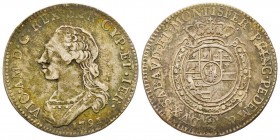 Vittorio Amedeo III 1773-1796 
Quarto di Scudo, Torino, 1791, AG 8.61 g. 
Ref : MIR 989o (R6), Biaggi 850o 
Conservation : TTB. Très Rare