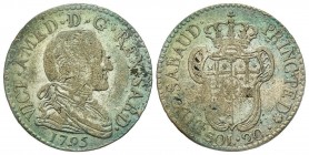 Vittorio Amedeo III 1773-1796 
20 Soldi, Torino, 1795, Mi 5.37 g.
Ref : MIR 990b, Biaggi 851b 
Conservation : TB-TTB