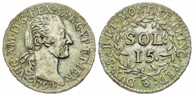 Vittorio Amedeo III 1773-1796 
15 Soldi, Torino, 1794, Mi 4.84 g.
Ref : MIR 991a, Biaggi 852a
Conservation : pr.Superbe