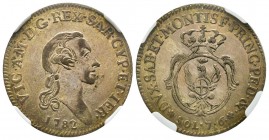 Vittorio Amedeo III 1773-1796 
7.6 Soldi, Torino, 1782, Mi 5.06 g.
Ref : MIR 993b (R2), Sim. 15/2, Biaggi 854
Conservation : NGC AU53