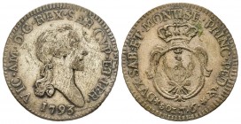 Vittorio Amedeo III 1773-1796 
7.6 Soldi, Torino, 1793, Mi 4.42 g.
Ref : MIR 993h (R), Biaggi 854e
Conservation : TTB+. Rare