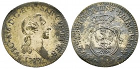 Vittorio Amedeo III 1773-1796 
7.6 Soldi, Torino, 1793, Mi 4.77 g.
Ref : MIR 993h (R), Biaggi 854e
Conservation : pr.Superbe. Rare