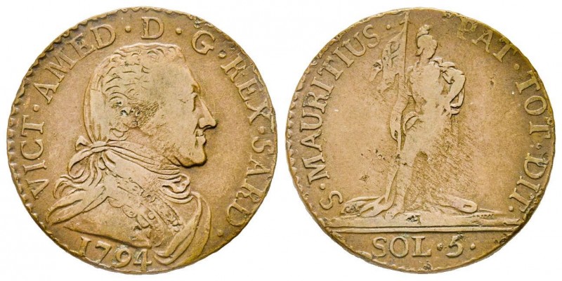 Vittorio Amedeo III 1773-1796 
5 Soldi, Torino, 1794, Cu 5.49 g.
Ref : MIR 994a,...