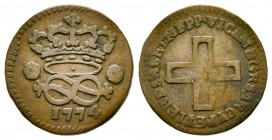 Vittorio Amedeo III 1773-1796 
2 Denari, Torino, 1774, Cu 1.68 g.
Ref : MIR 998b (R), Biaggi 859b
Conservation : TB