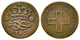 Vittorio Amedeo III 1773-1796 
2 Denari, Torino, 1783, Cu 1.72 g.
Ref : MIR 998k, Biaggi 859h
Conservation : TB