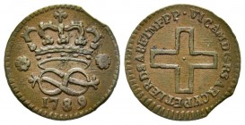 Vittorio Amedeo III 1773-1796 
2 Denari, Torino, 1789, Cu 1.71 g.
Ref : MIR 998q (R), Biaggi 859m
Conservation : TTB