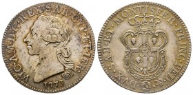 Vittorio Amedeo III
Monetazione per la Sardegna
Mezzo Scudo Sardo, Torino, 1773, AG 11.72 g. 
Ref : MIR 1003a (R2), Biaggi 864a
Conservation : TTB/SUP