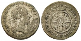 Vittorio Amedeo III
Monetazione per la Sardegna 
Mezzo Reale, Torino, 1774, Mi 2.34 g.
Ref : MIR 1007b (R5), Biaggi 868a
Conservation : TB. Rarissime