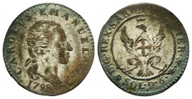 Carlo Emanuele IV 1796-1800 
2.6 Soldi, Torino, 1798, Mi 2.56 g.
Ref : MIR 1015a
Conservation : TTB