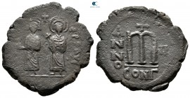 Phocas, with Leontia AD 602-610. Constantinople. Follis Æ