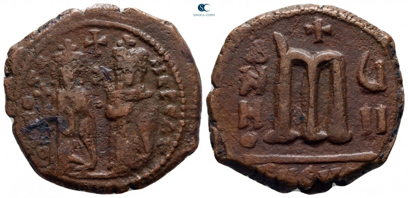 Phocas, with Leontia AD 602-610. Theoupolis (Antioch)
Follis Æ

29 mm., 10,01...