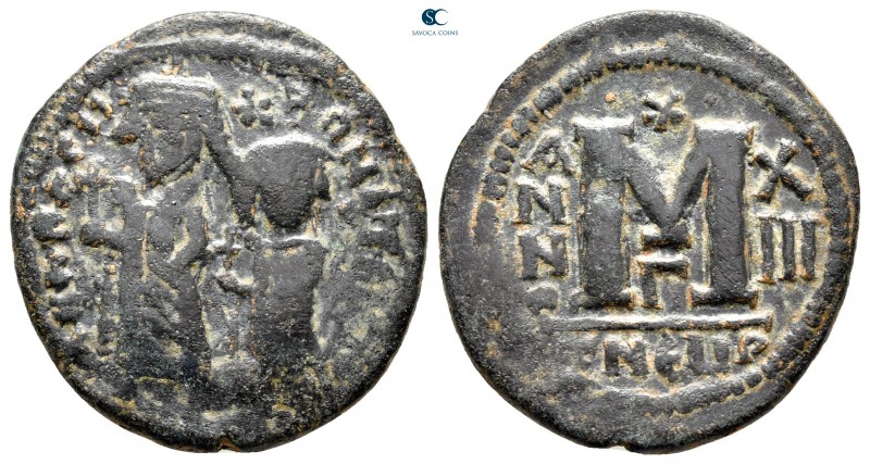 Heraclius with Heraclius Constantine AD 610-641. Theoupolis (Antioch)
Follis Æ...