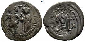 Heraclius with Heraclius Constantine AD 610-641. Overstruck on a Constantinople mint follis of Maurice Tiberius. Uncertain mint. Follis Æ