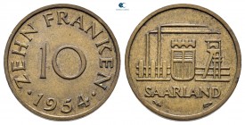 Germany. Saarland.  AD 1954. Minted one year before the Saarland rejoined Germany. 10 Franken