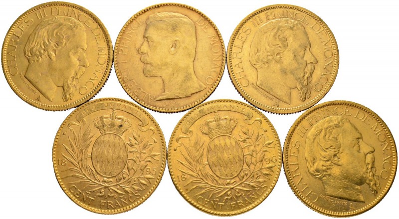 [174.19g] 
MONACO
100 Francs 1882, 1886, 1895, 1896 & 1901. Charles III. & Alb...