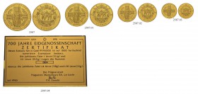 [57.54g] 
SCHWEIZ
Eidgenossenschaft
Goldmedaillen 1991. Zu 1, 1/2, 1/4 und 1/10 Unze. Feingewicht total: 57.54 g. Polierte Platte. FDC. / Choice Pr...