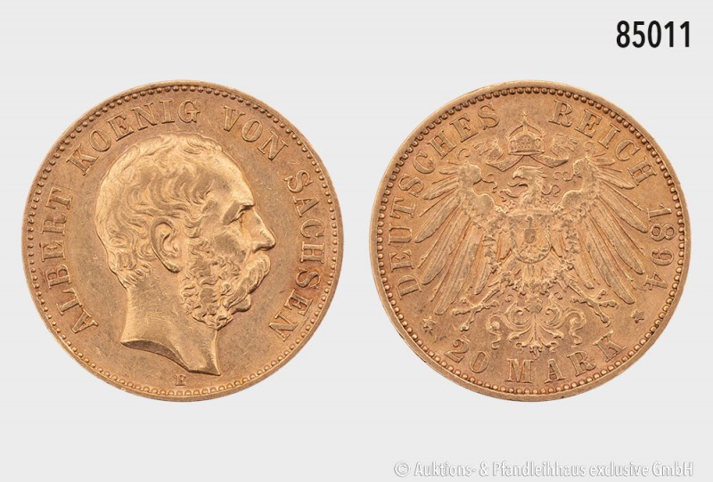 Sachsen, Albert (1873-1902), 20 Mark 1894 E. 900er Gold. 7,93 g; 22 mm. AKS 162;...