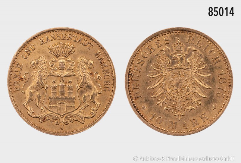 Hamburg, 10 Mark 1875 J. 900er Gold. 3,99 g; 20 mm. AKS 41; Jaeger 209. Vorzügli...