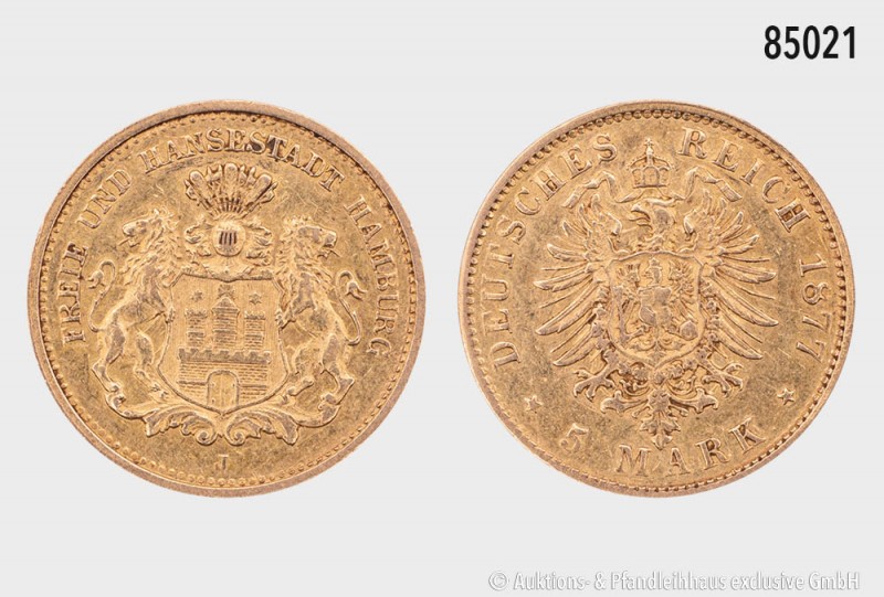 Hamburg, 5 Mark 1877 J. 900er Gold. 1,99 g; 17 mm. AKS 43; Jaeger 208. Sehr schö...