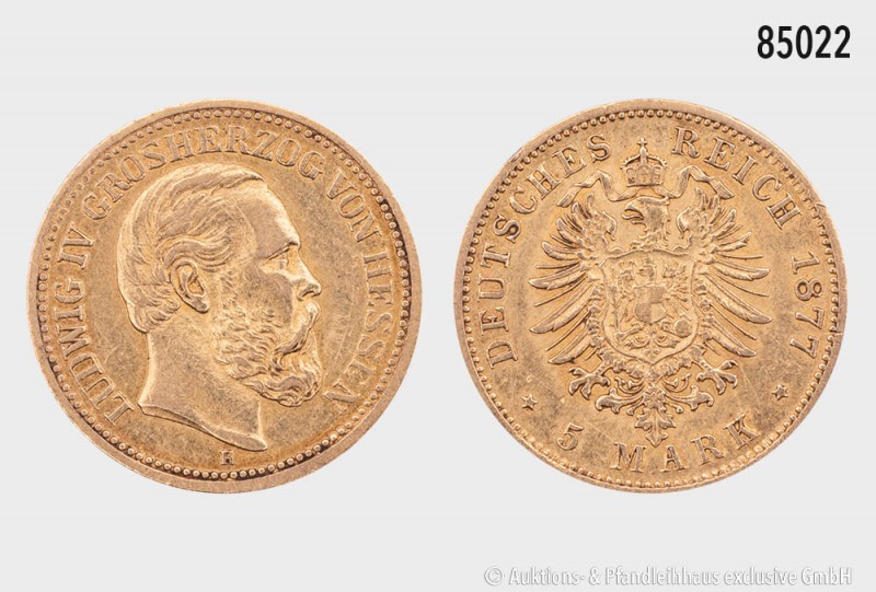 Hessen, Ludwig IV. (1877-1892), 5 Mark 1877 H. 900er Gold. 1,99 g; 17 mm. AKS 14...