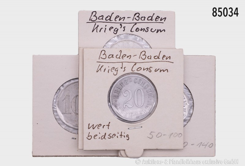 Baden-Baden, Notgeld, Konv. 5 verschiedene Krieg`s Consum-Notgeldmünzen (20, 25,...