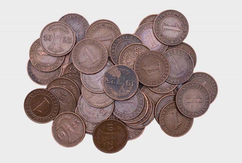 Weimarer Republik, Konv. 1 Reichspfennig 1923 Komplettsatz A-J, AKS 56, Jaeger 3...