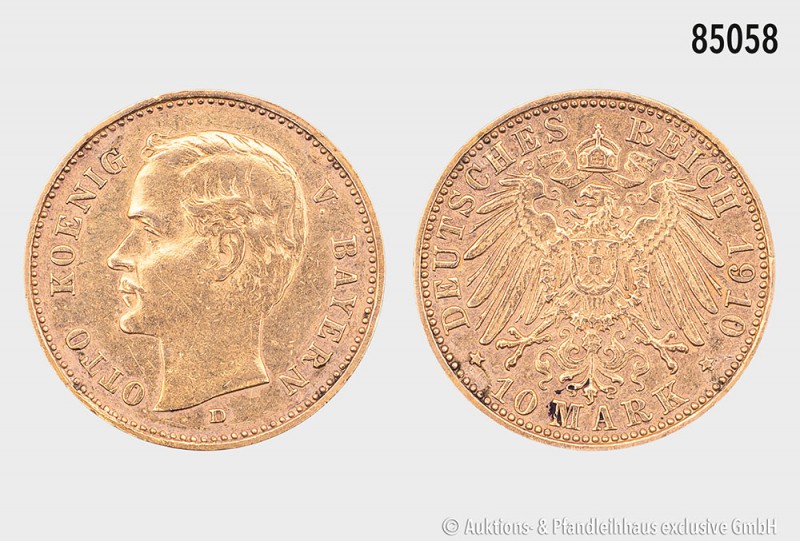 Bayern, Otto (1886-1913), 10 Mark 1910 D, 900er Gold. 3,99 g; 20 mm. AKS 199; Ja...