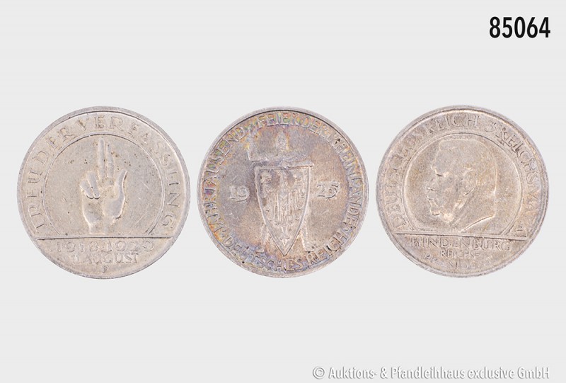 Weimarer Republik, Konv. 3 Silbergedenkmünzen, 500er Silber: 3 Reichsmark 1925 D...