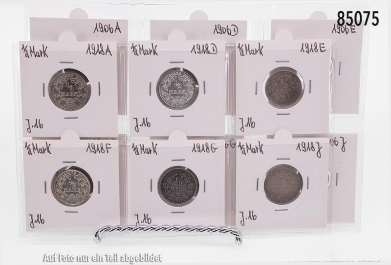Deutsches Reich, Konv. von 36 Silber-Kleinmünzen, 900er Silber, zu 1/2 Mark in k...