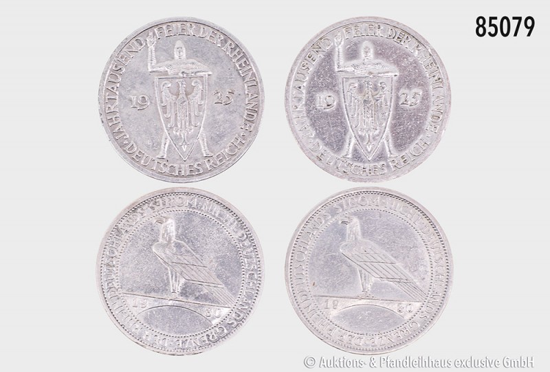 Weimarer Republik, Konv. 4 Silber-Gedenkmünzen: 3 Reichsmark 1925 A, Jahrtausenf...