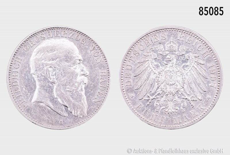 Baden, Friedrich (1856-1907), 5 Mark 1907 G, 900er Silber. 27,77 g; 38 mm. AKS 1...