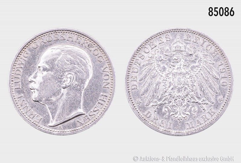 Hessen, Ernst Ludwig (1892-1918), 3 Mark 1910 A, 900er Silber. 16,61 g; 33 mm. A...