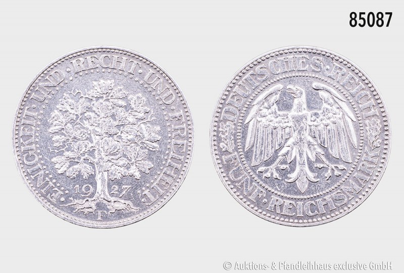 Weimarer Republik, 5 Reichsmark 1927 F, Eichbaum, 500er Silber. 24,93 g; 36 mm. ...