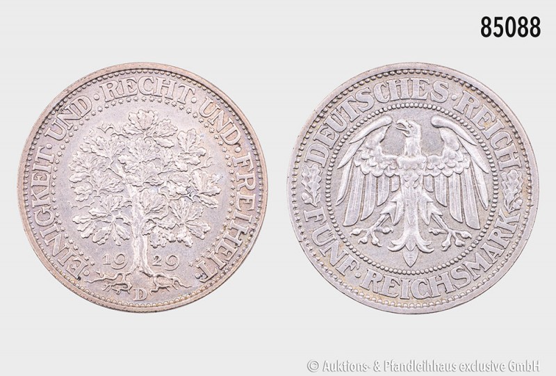 Weimarer Republik, 5 Reichsmark 1929 D, Eichbaum, 500er Silber. 25,02 g; 36 mm. ...