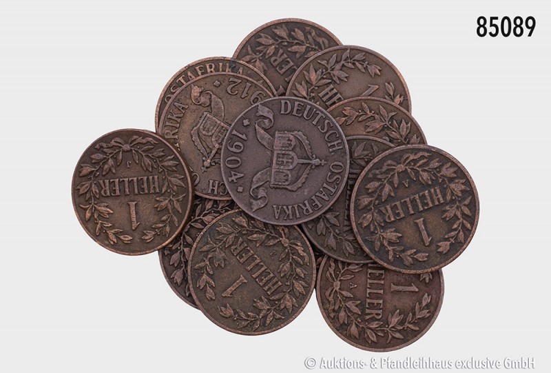Deutsch-Ostafrika, Konv. 14 Ein-Heller-Münzen (1904, 1905, 1906 und 1913 A; 1904...