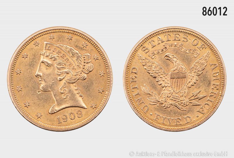 USA, 5 Dollars 1908, Philadelphia. 900er Gold. 8,35 g; 22 mm. Schön 111. Vorzügl...