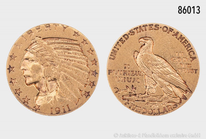 USA, 5 Dollars 1911, Philadelphia. 900er Gold. 8,34 g; 21 mm. Schön 139. Fast vo...