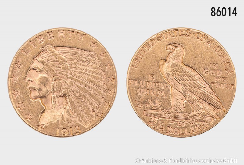 USA, 2 1/2 Dollars 1913, Philadelphia. 900er Gold. 4,17 g; 18 mm. Schön 138. Fas...