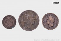 Konv. von 3 Münzen: Frankreich, Napoleon III., 5 Centimes 1861; Louis Philippe I. (Kolonialausgabe), 10 Centimes1839; Niederlande, Willem III., 2 1/2 ...