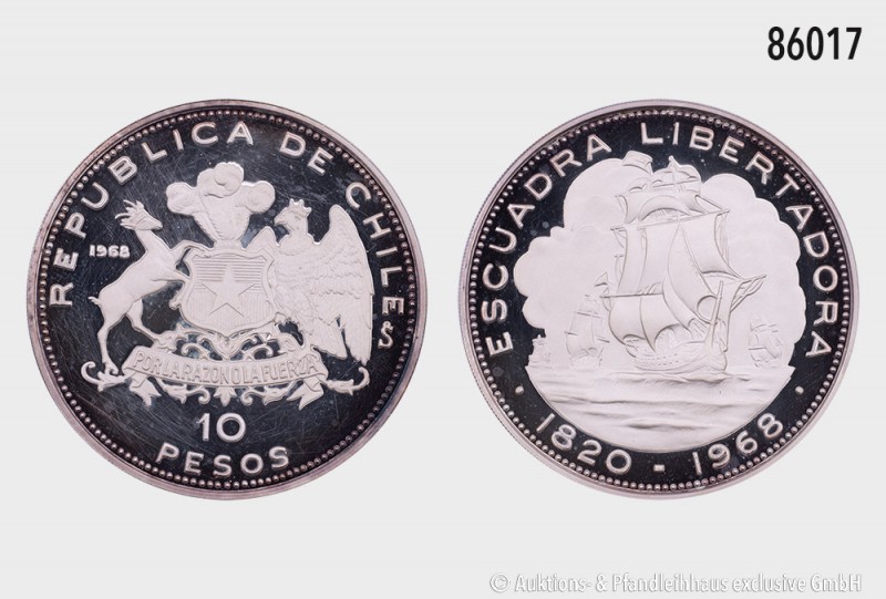 Chile, 10 Pesos 1968, 999er Silber, auf den 150. Jahrestag der Landung der Befre...